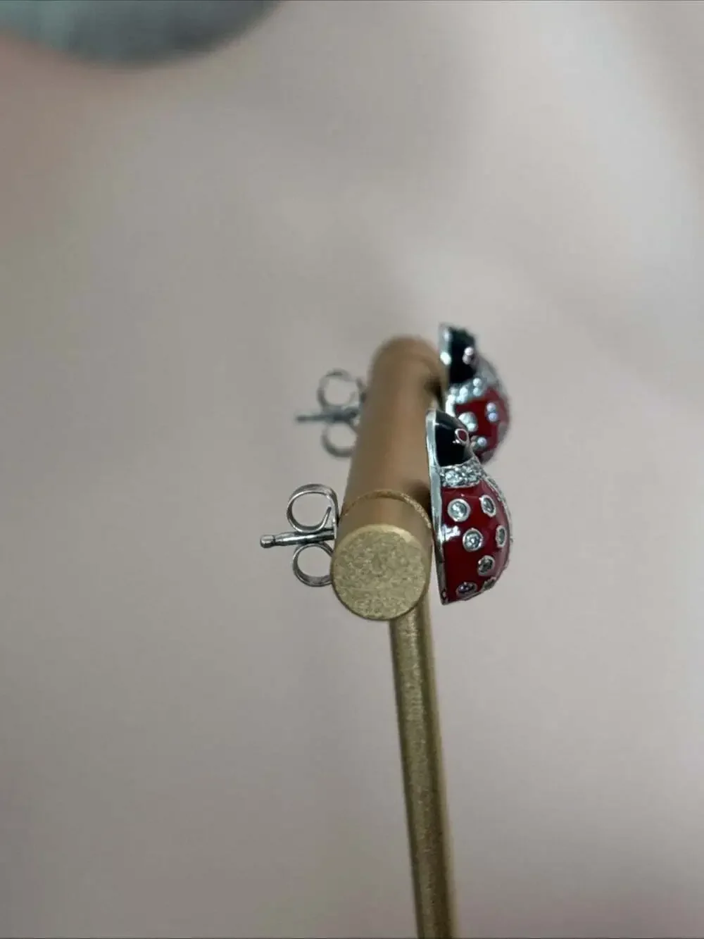 Sterling Silver 925 Red & Black ENAMEL LADYBUG Stud Earrings Cubic Zirconia CZ